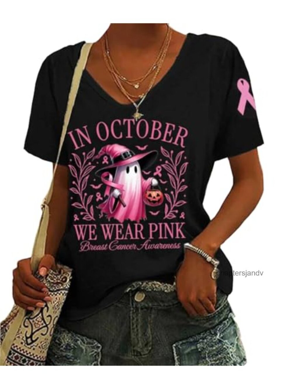 In October We Wear Pink Halloween Ghost V-Neck Tee Breast Cancer Awareness